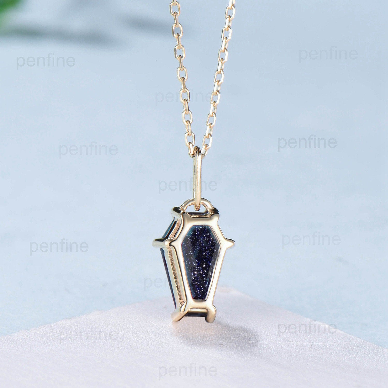 Dainty Coffin blue sandstone necklace solid 14k 18k rose gold vintage unique Personalized minimalist blue goldstone pendant anniversary gift - PENFINE