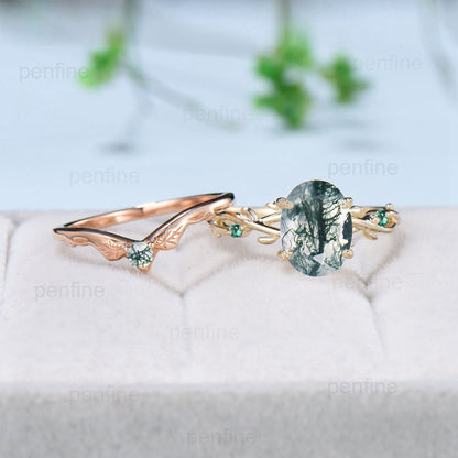 2 Carat Oval Moss Agate Engagement Ring Set Nature Inspired green agate wedding ring set cluster emerald aquatic agate Leaf vine bridal set - PENFINE