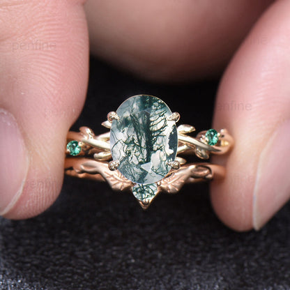 2 Carat Oval Moss Agate Engagement Ring Set Nature Inspired green agate wedding ring set cluster emerald aquatic agate Leaf vine bridal set - PENFINE