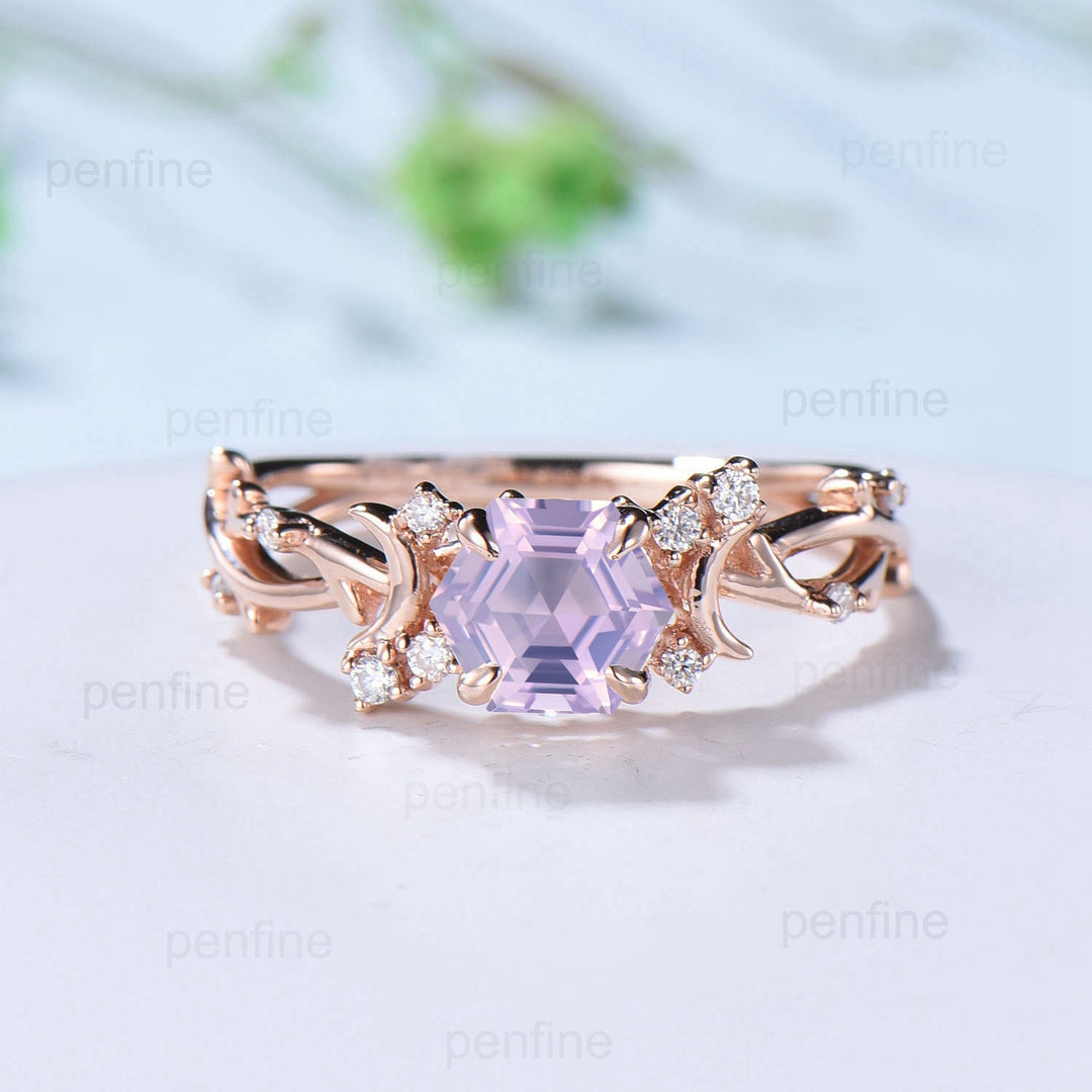 Vintage Hexagon Lavender Amethyst Ring Unique Nature Inspired Purple Engagement Ring Moon Wedding Ring For Women February Birthstone Gift - PENFINE