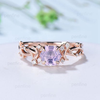 Vintage Hexagon Lavender Amethyst Ring Unique Nature Inspired Purple Engagement Ring Moon Wedding Ring For Women February Birthstone Gift - PENFINE