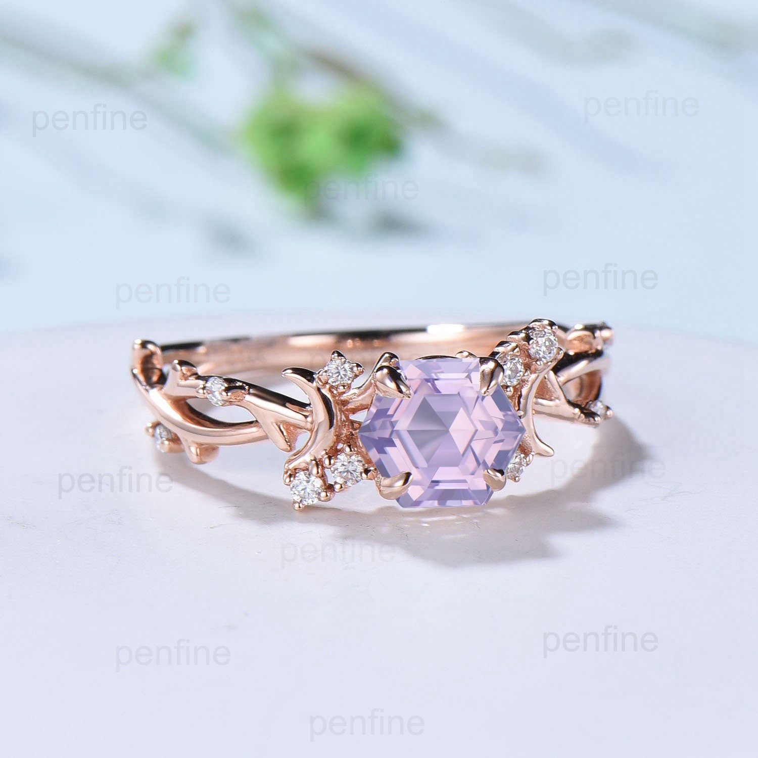 Vintage Hexagon Lavender Amethyst Ring Unique Nature Inspired Purple Engagement Ring Moon Wedding Ring For Women February Birthstone Gift - PENFINE