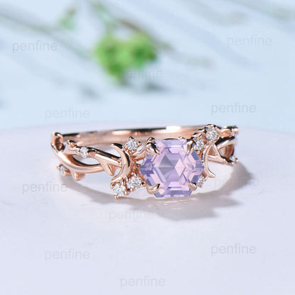 Vintage Hexagon Lavender Amethyst Ring Unique Nature Inspired Purple Engagement Ring Moon Wedding Ring For Women February Birthstone Gift - PENFINE