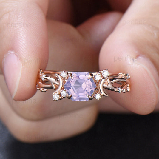 Vintage Hexagon Lavender Amethyst Ring Unique Nature Inspired Purple Engagement Ring Moon Wedding Ring For Women February Birthstone Gift - PENFINE