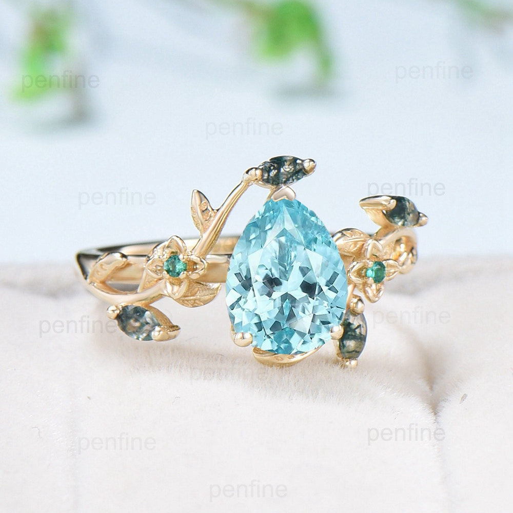 Elegant Pear lab Para¨ªba Engagement Ring Nature Inspired Floral Ring Green Agate Wedding Ring Emerald Branch Leaf Vine Anniversary Ring Gift - PENFINE