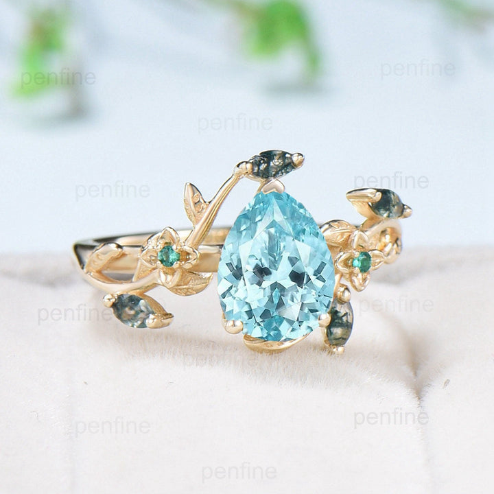 Elegant Pear lab Para¨ªba Engagement Ring Nature Inspired Floral Ring Green Agate Wedding Ring Emerald Branch Leaf Vine Anniversary Ring Gift - PENFINE