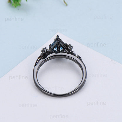 1 Carat Black Gold lab Paraíba Ring Vintage Kite cut Natural Inspired Leaf vine engagement ring London blue topaz wedding anniversary gift - PENFINE