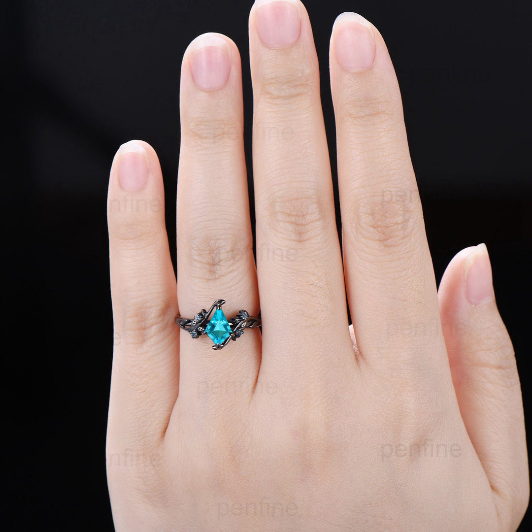 1 Carat Black Gold lab Paraíba Ring Vintage Kite cut Natural Inspired Leaf vine engagement ring London blue topaz wedding anniversary gift - PENFINE