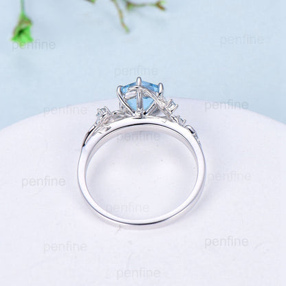 Twig Vine Hexagon cut Lab Para¨ªba Ring Vintage Leaf light Swiss blue topaz engagement ring branch Natural inspired anniversary gift for mom - PENFINE
