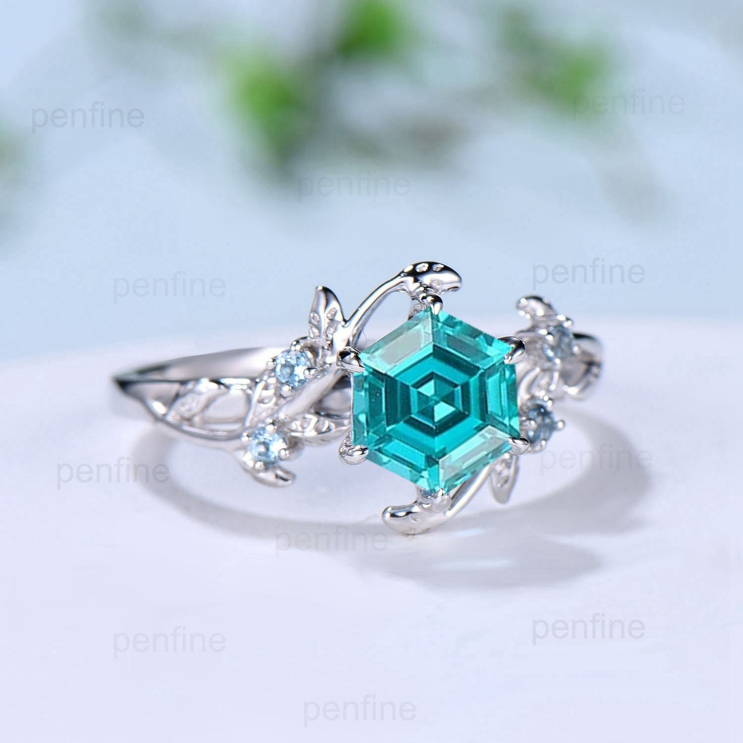 Twig Vine Hexagon cut Lab Paraíba Ring Vintage Leaf light Swiss blue topaz engagement ring branch Natural inspired anniversary gift for mom - PENFINE