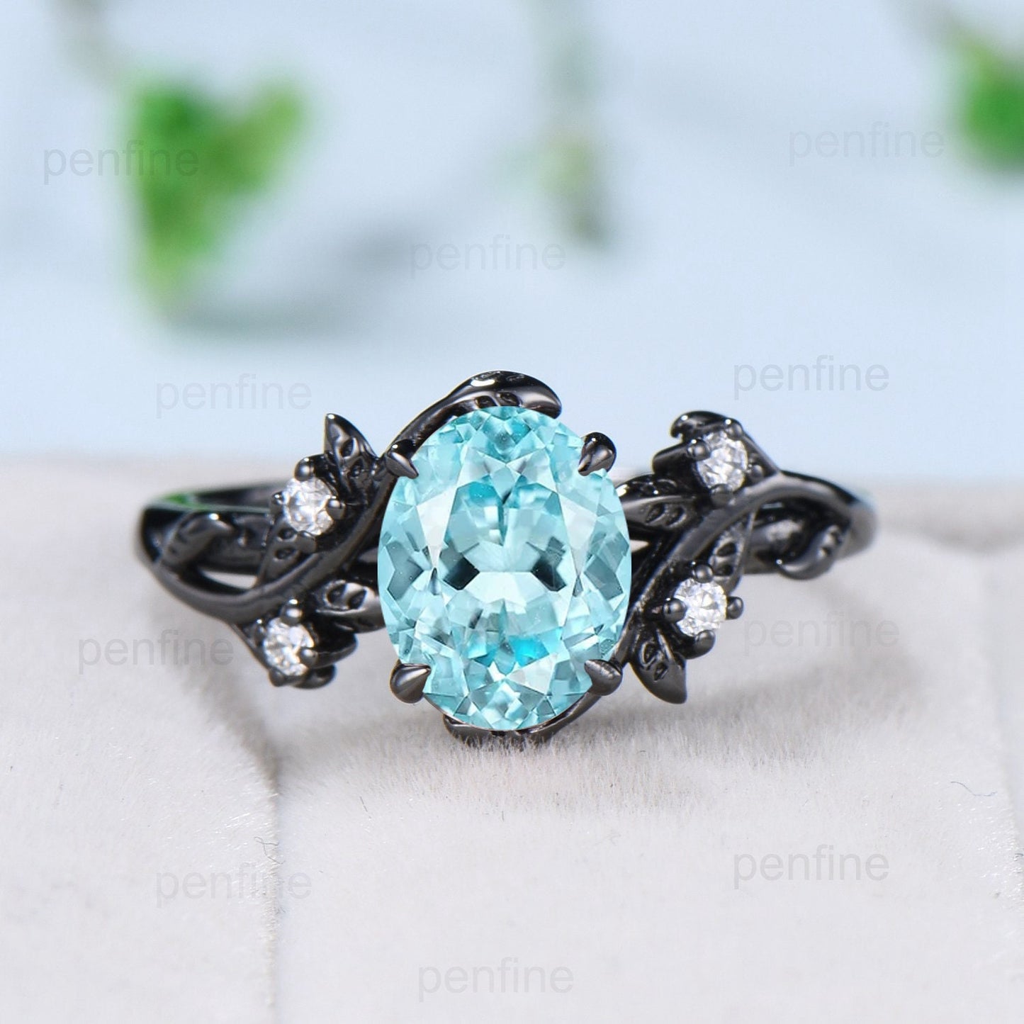 Unique black gold lab para¨ªba ring set Nature Inspired Leaf oval engagement ring vintage cluster moissanite diamond wedding set for women - PENFINE