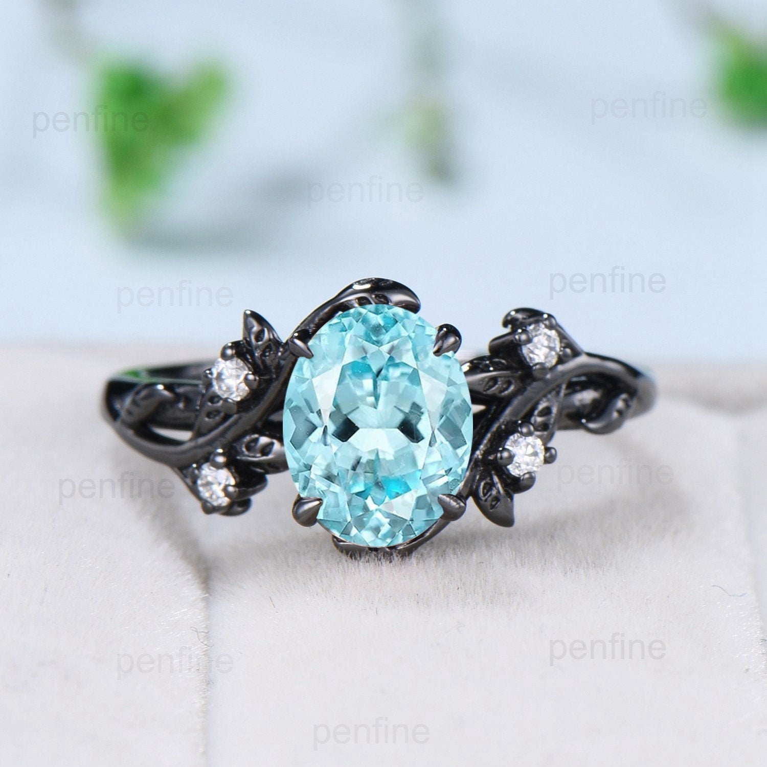 Unique black gold lab para¡§aba ring set Nature Inspired Leaf oval engagement ring vintage cluster moissanite diamond wedding set for women - PENFINE