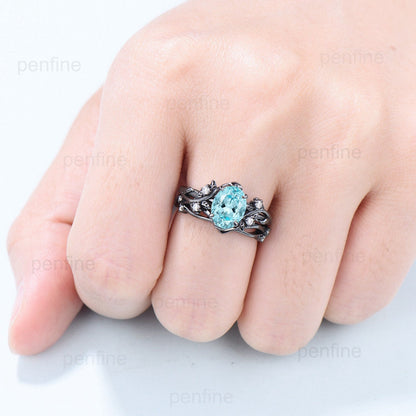 Unique black gold lab para¡§aba ring set Nature Inspired Leaf oval engagement ring vintage cluster moissanite diamond wedding set for women - PENFINE