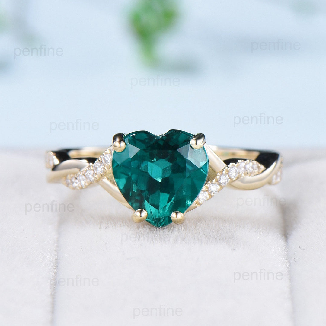 Twisted heart shaped emerald engagement ring set 14k yellow gold emerald diamonds infinity crossover band wedding ring May birthstone gift - PENFINE