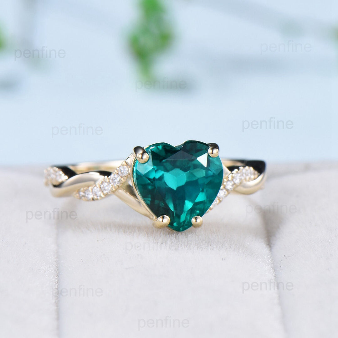 Twisted heart shaped emerald engagement ring set 14k yellow gold emerald diamonds infinity crossover band wedding ring May birthstone gift - PENFINE