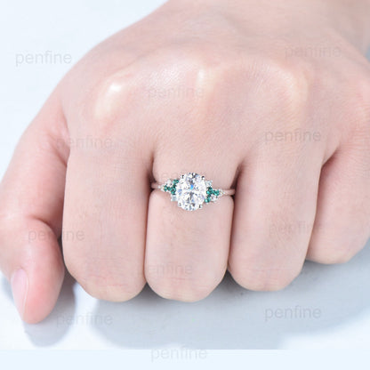 2 Carat Oval Moissanite Engagement Ring Vintage Unique Snowdrift Emerald Wedding Ring for Women Multi-stone topaz peridot anniversary ring - PENFINE