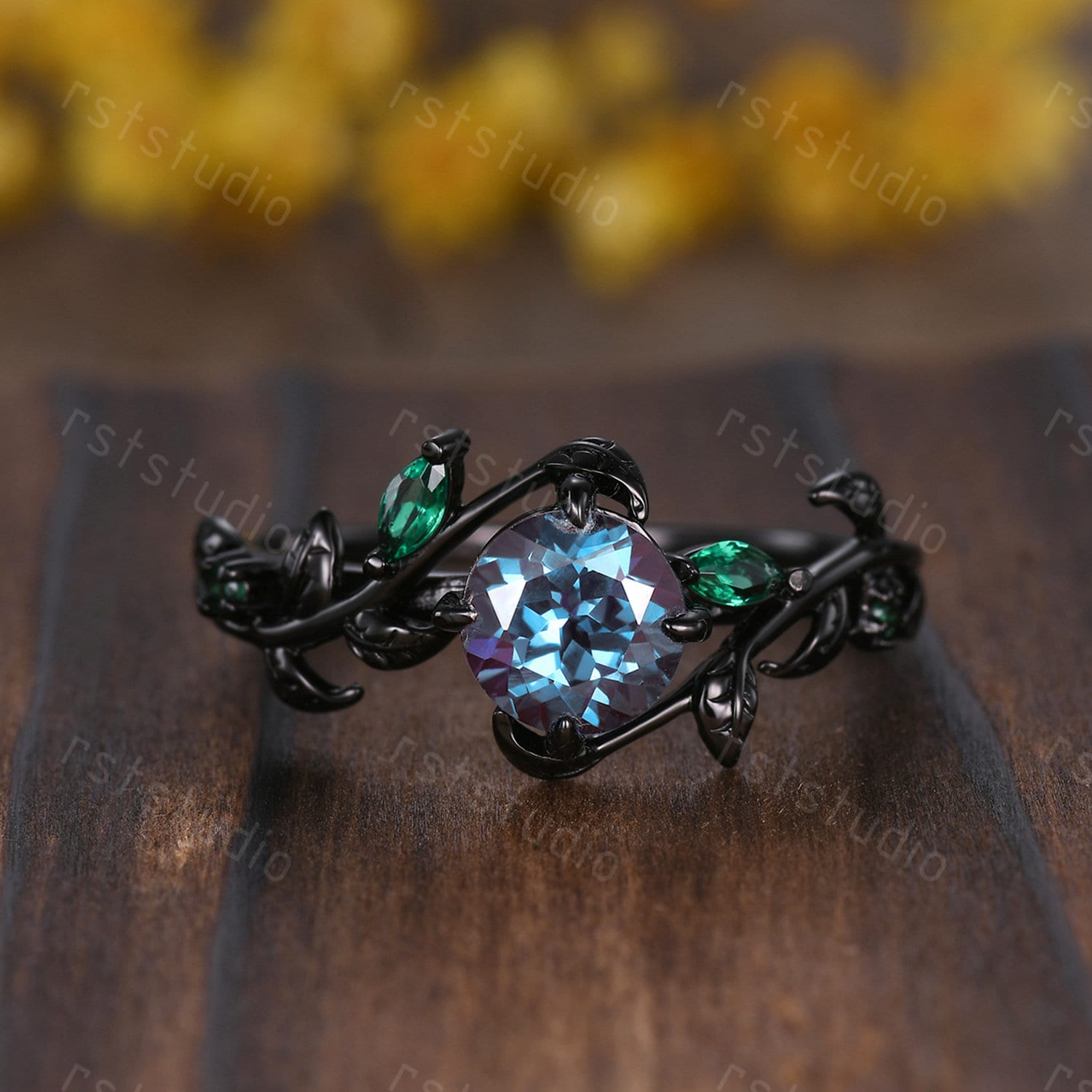 Nature Inspired Alexandrite Couple Ring Set : Emerald Leaf, Black Band