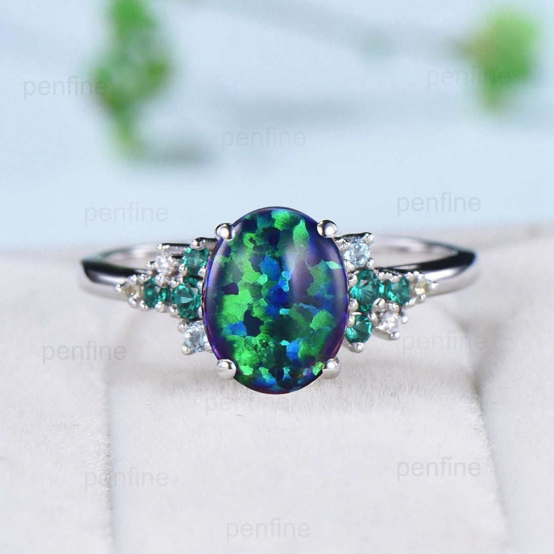 2 Carat Oval black Opal Engagement Ring Vintage Unique Snowdrift Emerald Wedding Ring for Women Multi-stone topaz peridot anniversary ring - PENFINE