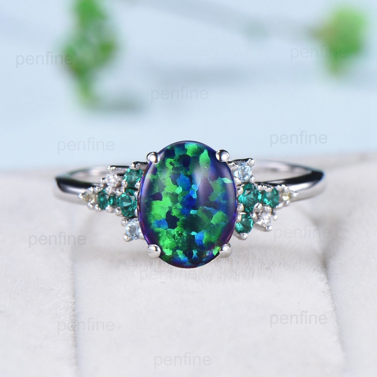 2 Carat Oval black Opal Engagement Ring Vintage Unique Snowdrift Emerald Wedding Ring for Women Multi-stone topaz peridot anniversary ring - PENFINE