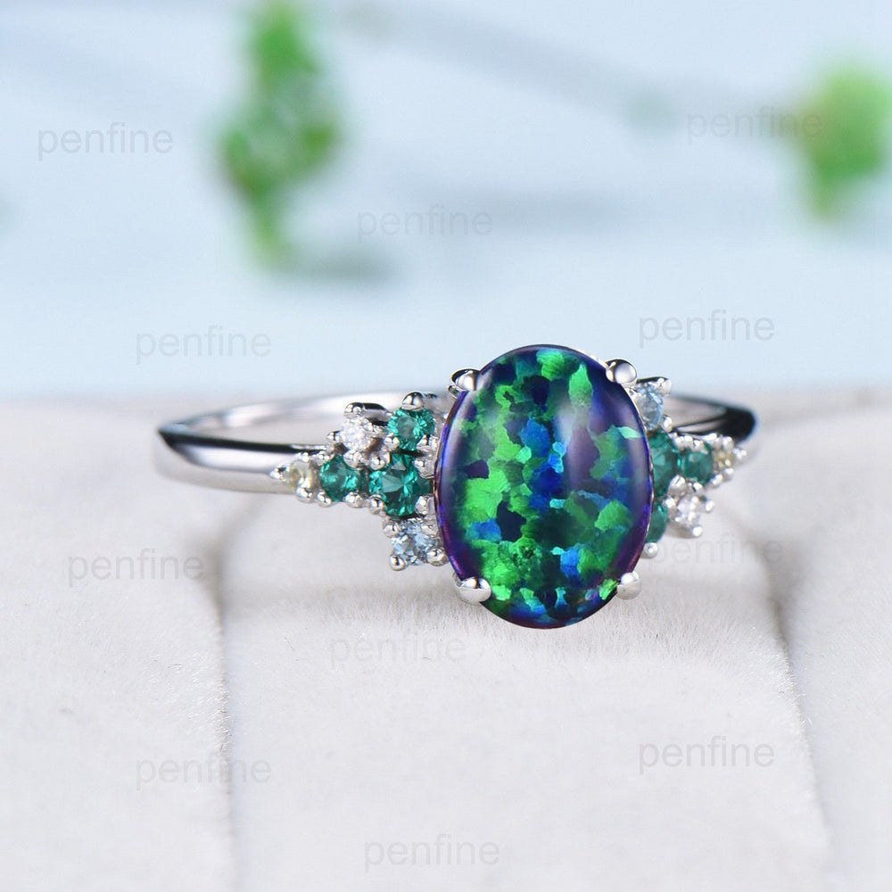 2 Carat Oval black Opal Engagement Ring Vintage Unique Snowdrift Emerald Wedding Ring for Women Multi-stone topaz peridot anniversary ring - PENFINE