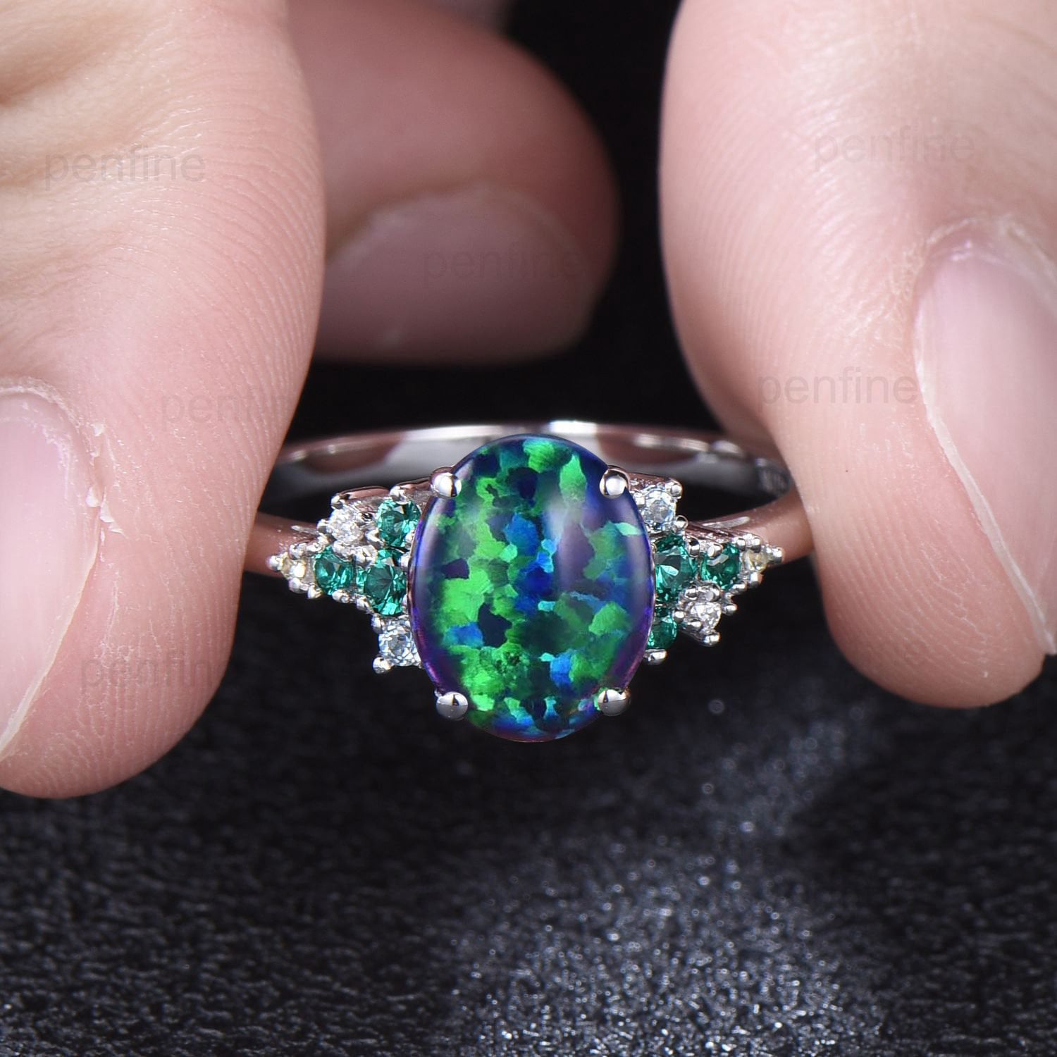 2 Carat Oval black Opal Engagement Ring Vintage Unique Snowdrift Emerald Wedding Ring for Women Multi-stone topaz peridot anniversary ring - PENFINE