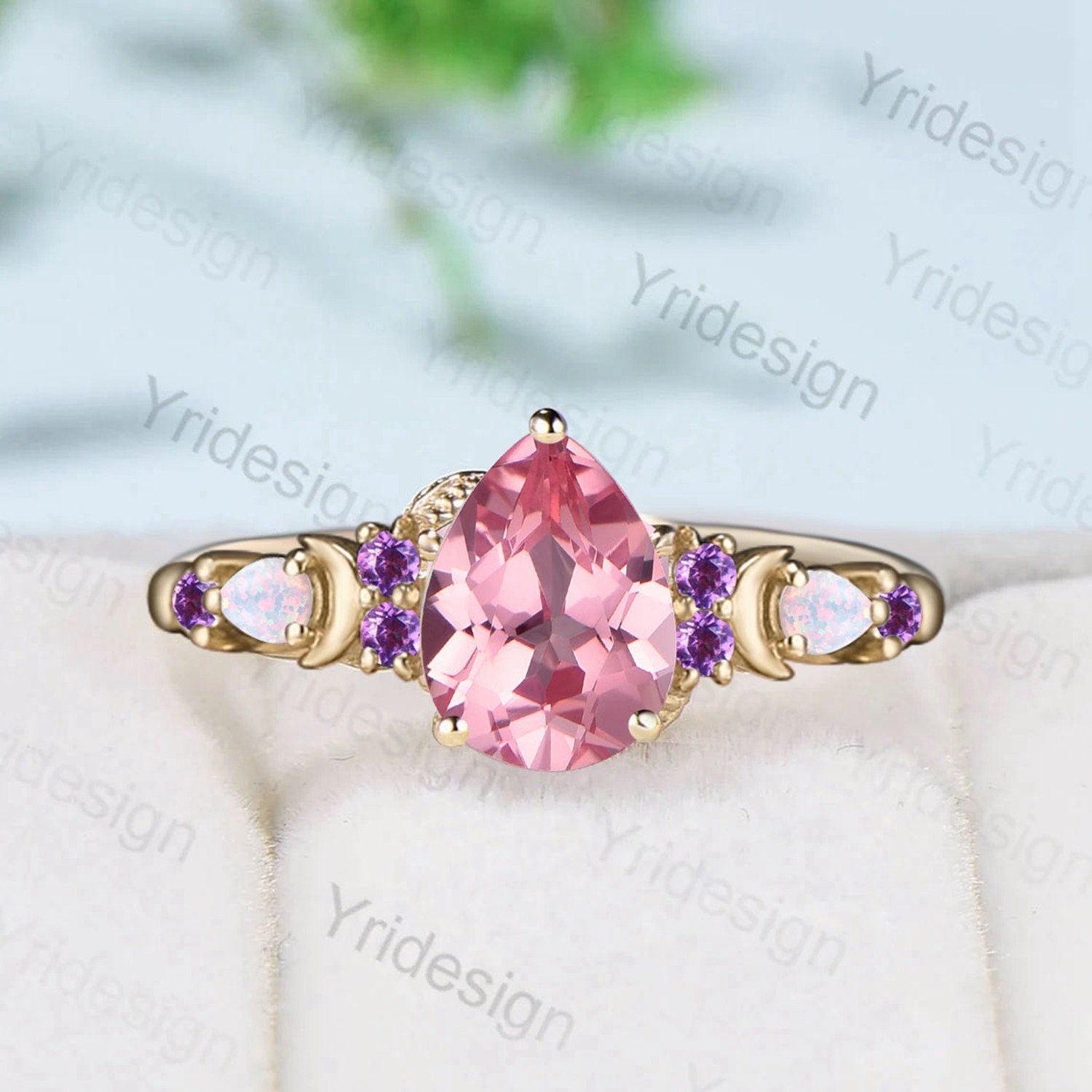 Vintage Pear Shaped Papalacha Sapphire moon engagement ring art deco opal amethyst wedding ring unique handmade proposal gifts for women - PENFINE