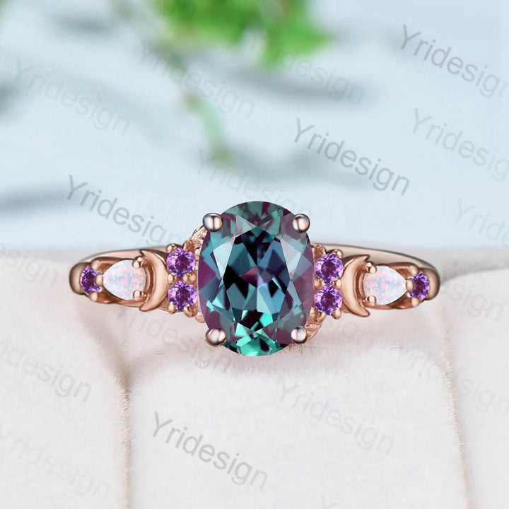 Oval Moon vintage alexandrite engagement ring rose gold unique pear fire opal amethyst wedding ring June birthstone anniversary ring women - PENFINE