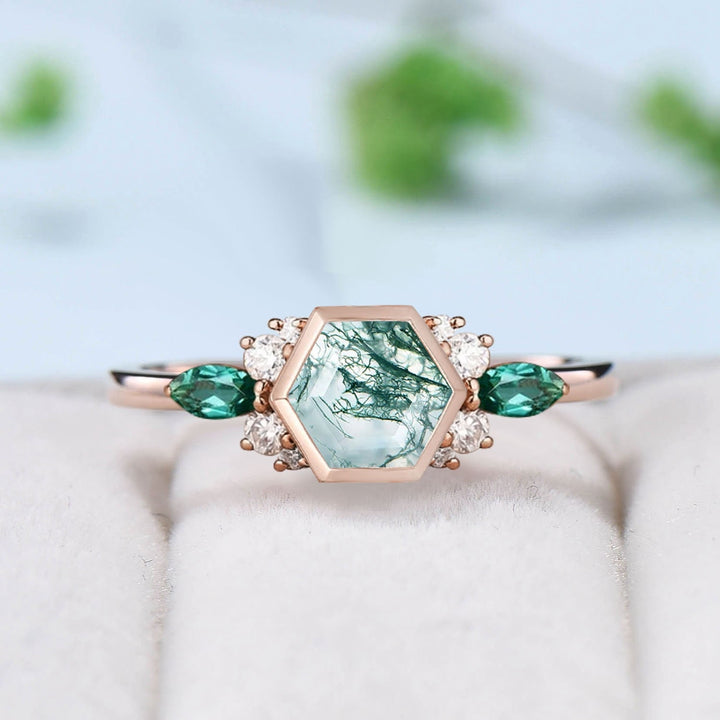 Bezel Set Hexagon Cut Moss Agate Engagement Ring Unique Cluster Moissanite Marquise Emerald Wedding Ring 14K Yellow Gold Anniversary Ring - PENFINE