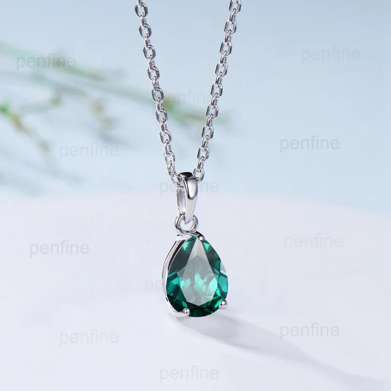 Dainty 14K Rose Gold Emerald Necklace - Teardrop May Birthstone - PENFINE