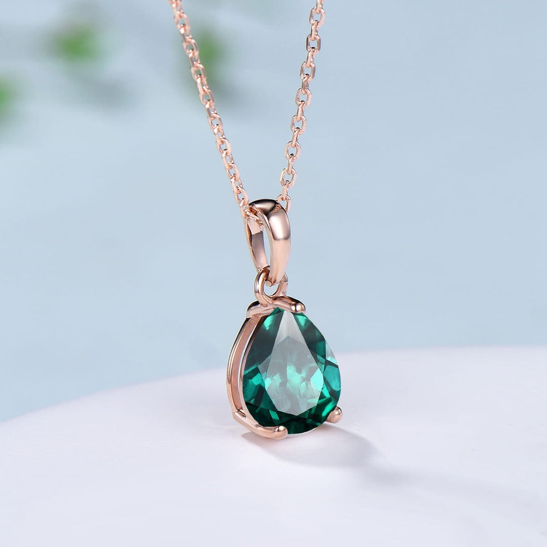 Dainty 14K Rose Gold Emerald Necklace - Teardrop May Birthstone - PENFINE