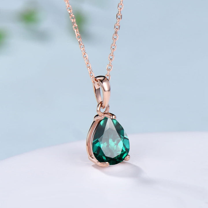 Dainty 14K Rose Gold Emerald Necklace - Teardrop May Birthstone - PENFINE
