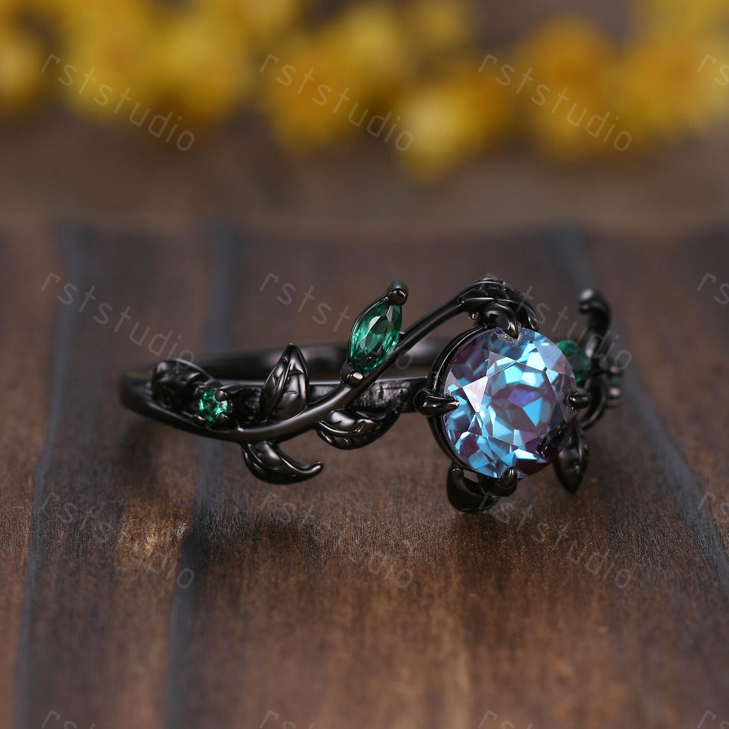 Nature Inspired Alexandrite Couple Ring Set : Emerald Leaf, Black Band