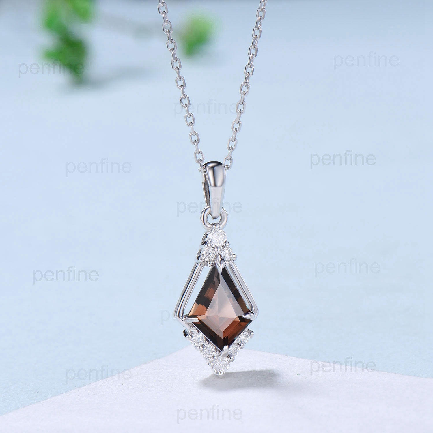 Vintage 1.5CT Kite Cut Smoky Quartz Necklace Silver White Gold Brown Stone Pendant Necklace Anniversary Gift for Women - PENFINE