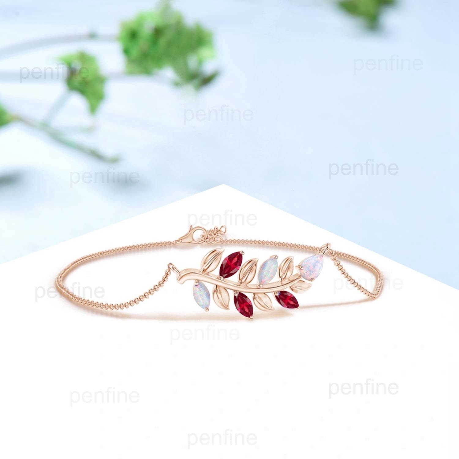 Nature inspired marquise cut ruby bracelet twig branch fire white opal dainty bracelet Vintage Stackable Bracelet For Women birthday gift - PENFINE