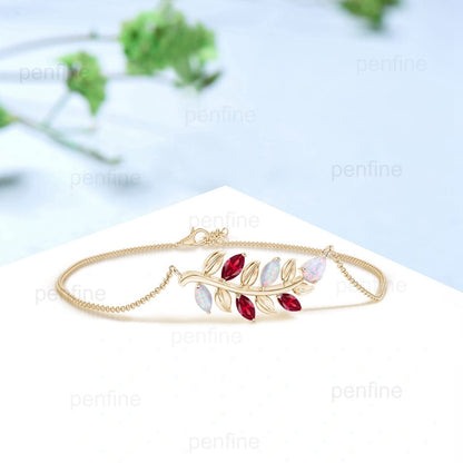 Nature inspired marquise cut ruby bracelet twig branch fire white opal dainty bracelet Vintage Stackable Bracelet For Women birthday gift - PENFINE