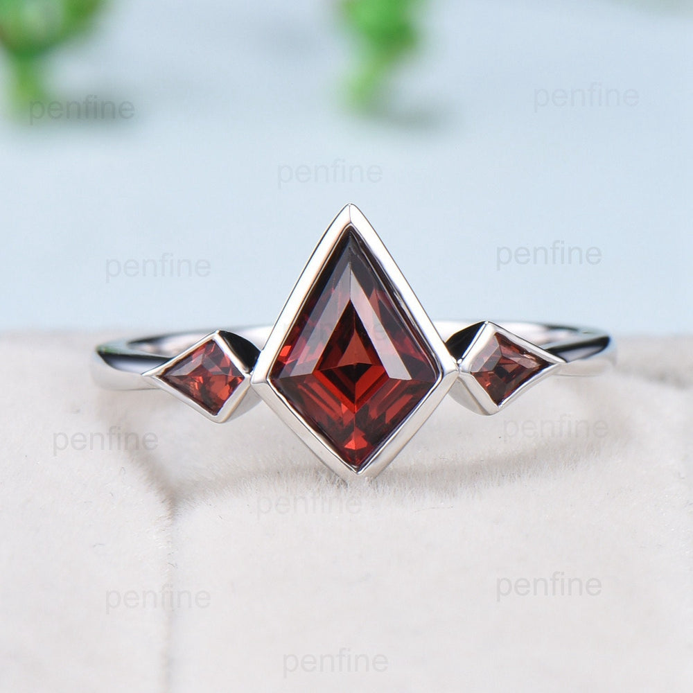 Kite Cut Red Garnet Engagement Ring - Modern Bezel Set Three Stone Band - PENFINE