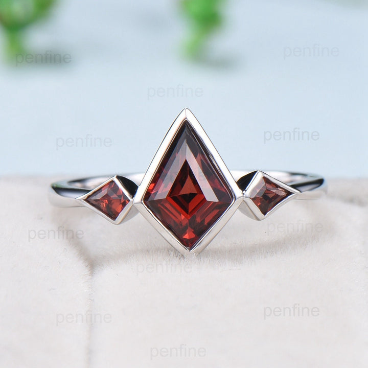Kite Cut Red Garnet Engagement Ring - Modern Bezel Set Three Stone Band - PENFINE