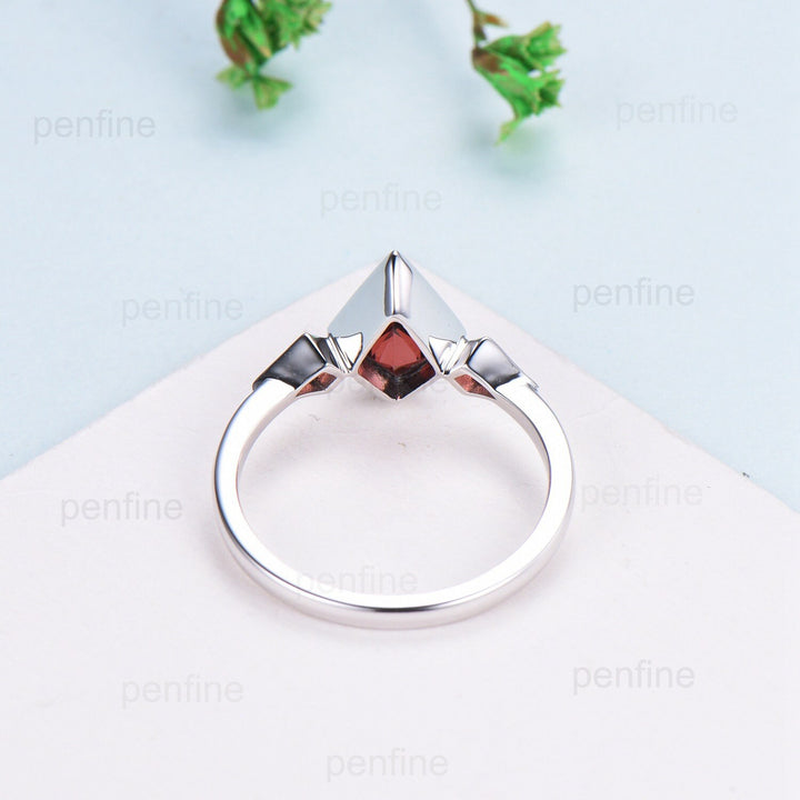 Kite Cut Red Garnet Engagement Ring - Modern Bezel Set Three Stone Band - PENFINE