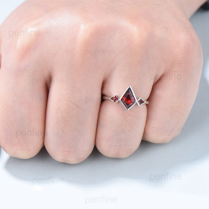 Kite Cut Red Garnet Engagement Ring - Modern Bezel Set Three Stone Band - PENFINE