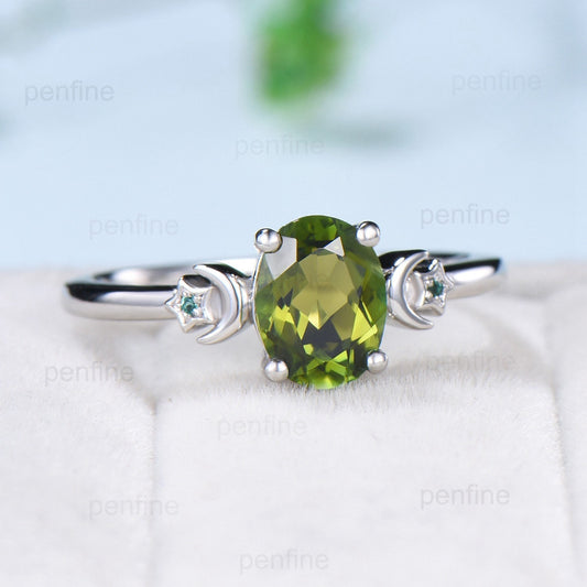 Moon Star Natural Oval Green Tourmaline Engagement Ring Solid 14K/18K White Gold Vintage Cluster Emerald Wedding Ring Anniversary Gift Women - PENFINE