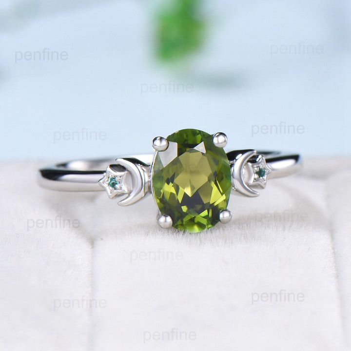 Moon Star Natural Oval Green Tourmaline Engagement Ring Solid 14K/18K White Gold Vintage Cluster Emerald Wedding Ring Anniversary Gift Women - PENFINE