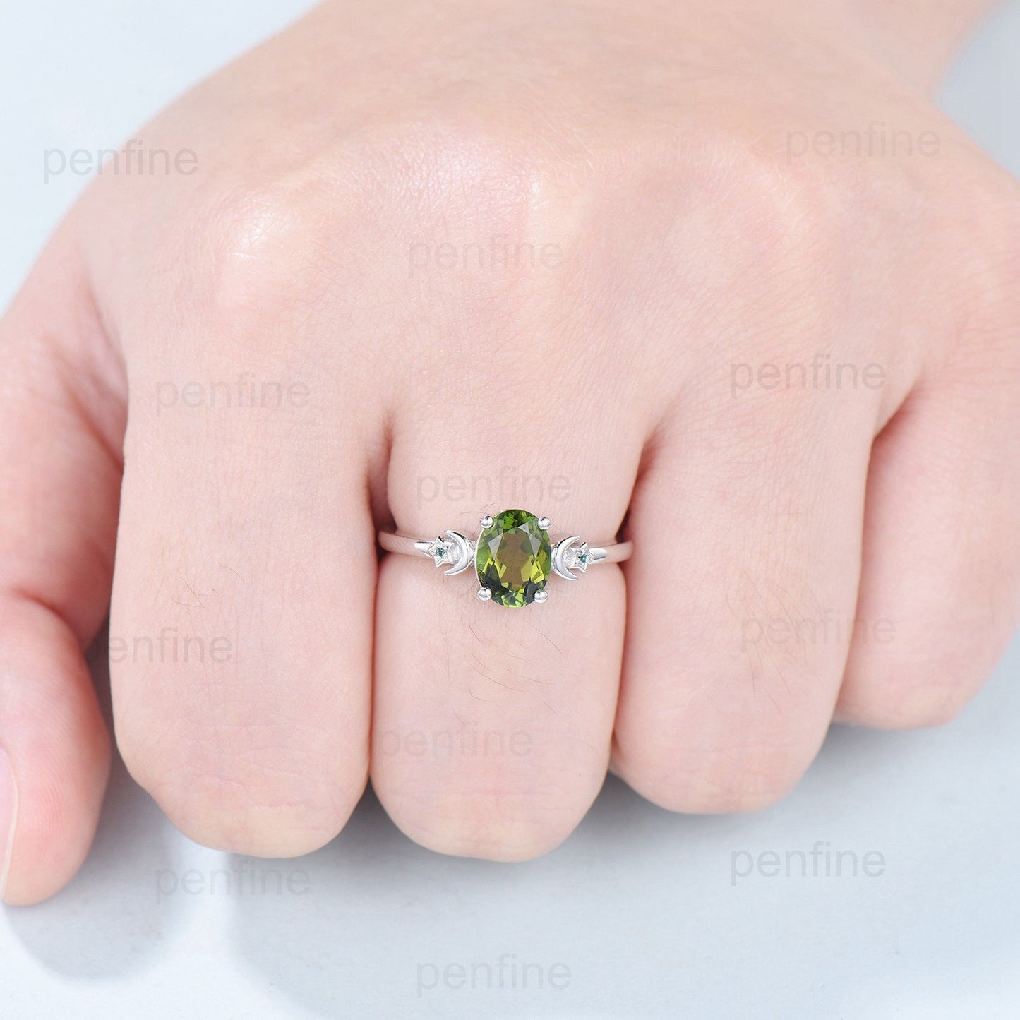 Moon Star Natural Oval Green Tourmaline Engagement Ring Solid 14K/18K White Gold Vintage Cluster Emerald Wedding Ring Anniversary Gift Women - PENFINE