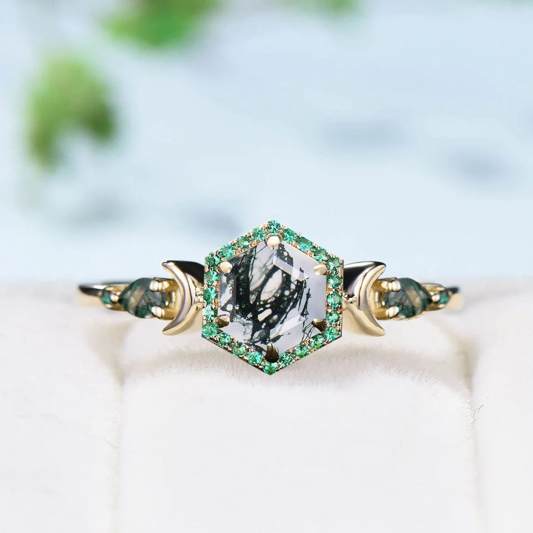 Unique Halo Emerald hexagon moss agate engagement ring Vintage moon pear green agate wedding ring silver rose gold anniversary ring women - PENFINE