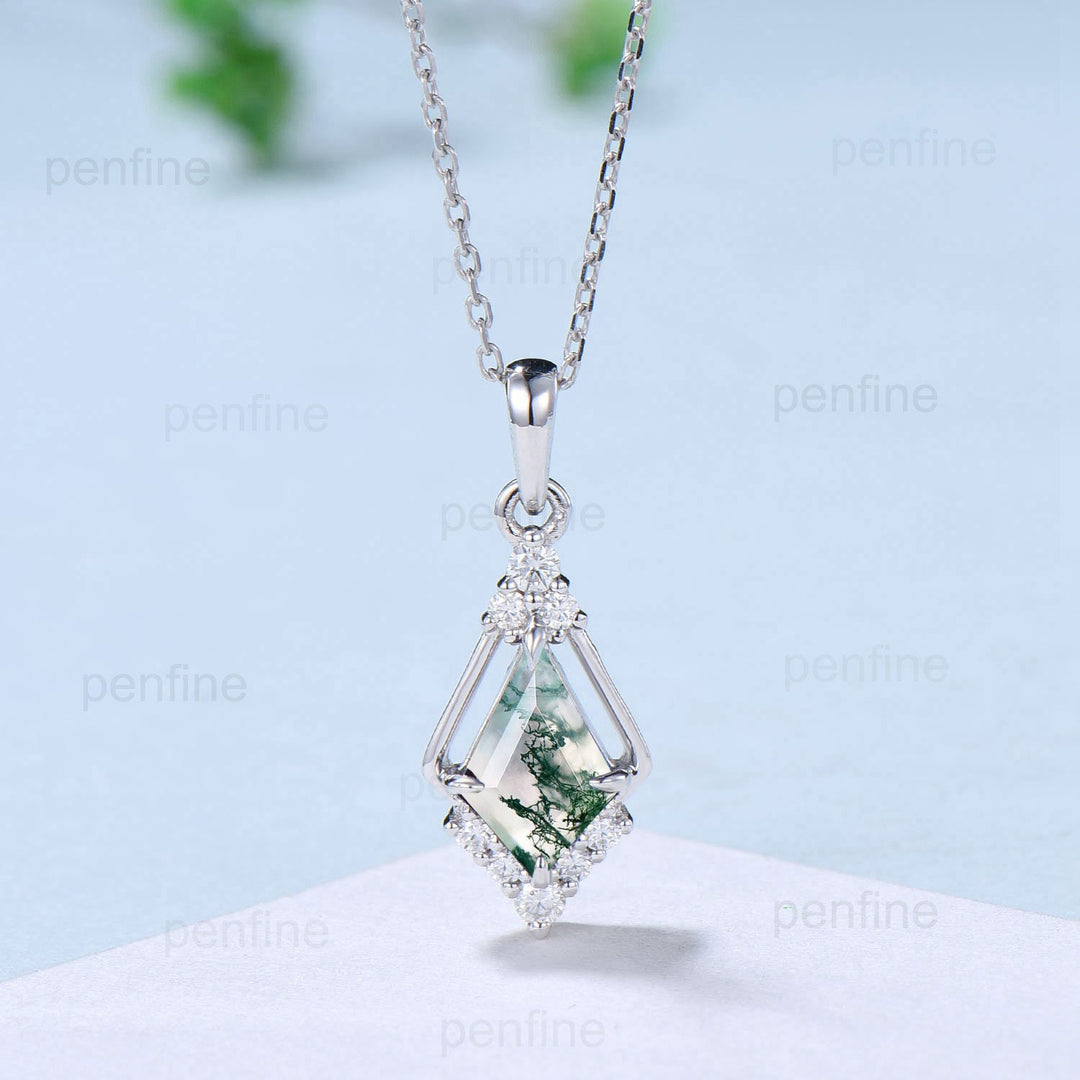 Vintage 1CT Kite Cut Moss Agate Necklace Silver White Gold Green Agate Diamond Pendant Necklace Anniversary Gift for Women - PENFINE