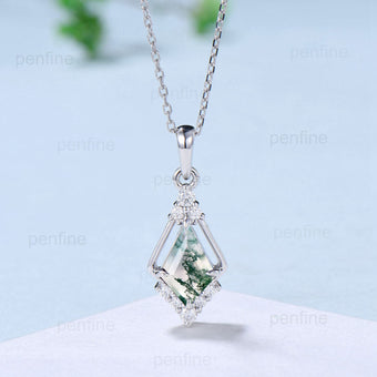 Vintage 1CT Kite Cut Moss Agate Necklace Silver White Gold Green Agate Diamond Pendant Necklace Anniversary Gift for Women - PENFINE