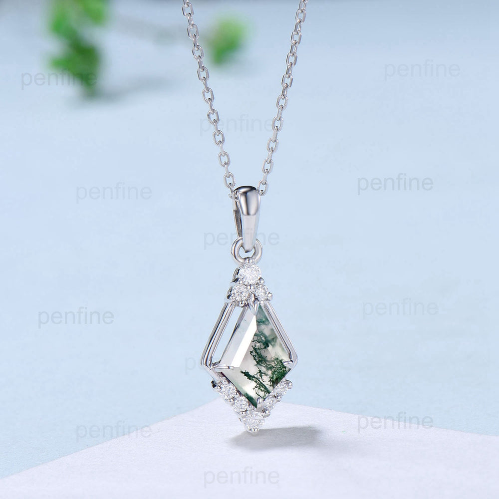 Vintage 1CT Kite Cut Moss Agate Necklace Silver White Gold Green Agate Diamond Pendant Necklace Anniversary Gift for Women - PENFINE