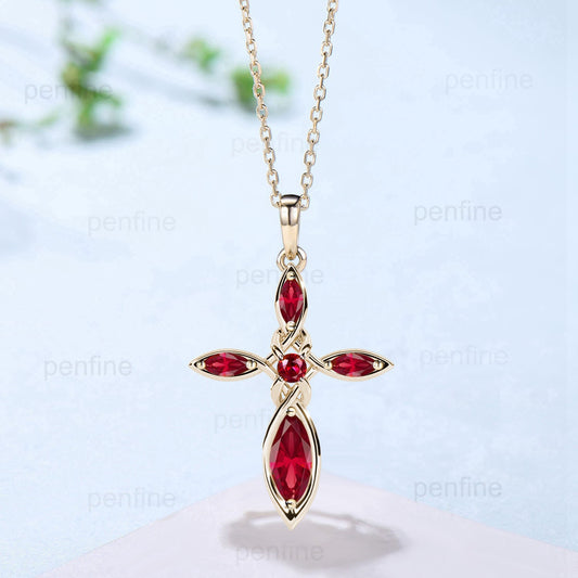 Norse Viking lab red ruby necklace Silver rose gold minimalist Personalized marquise ruby pendant women Celtic Jewelry Cross Necklace gift - PENFINE