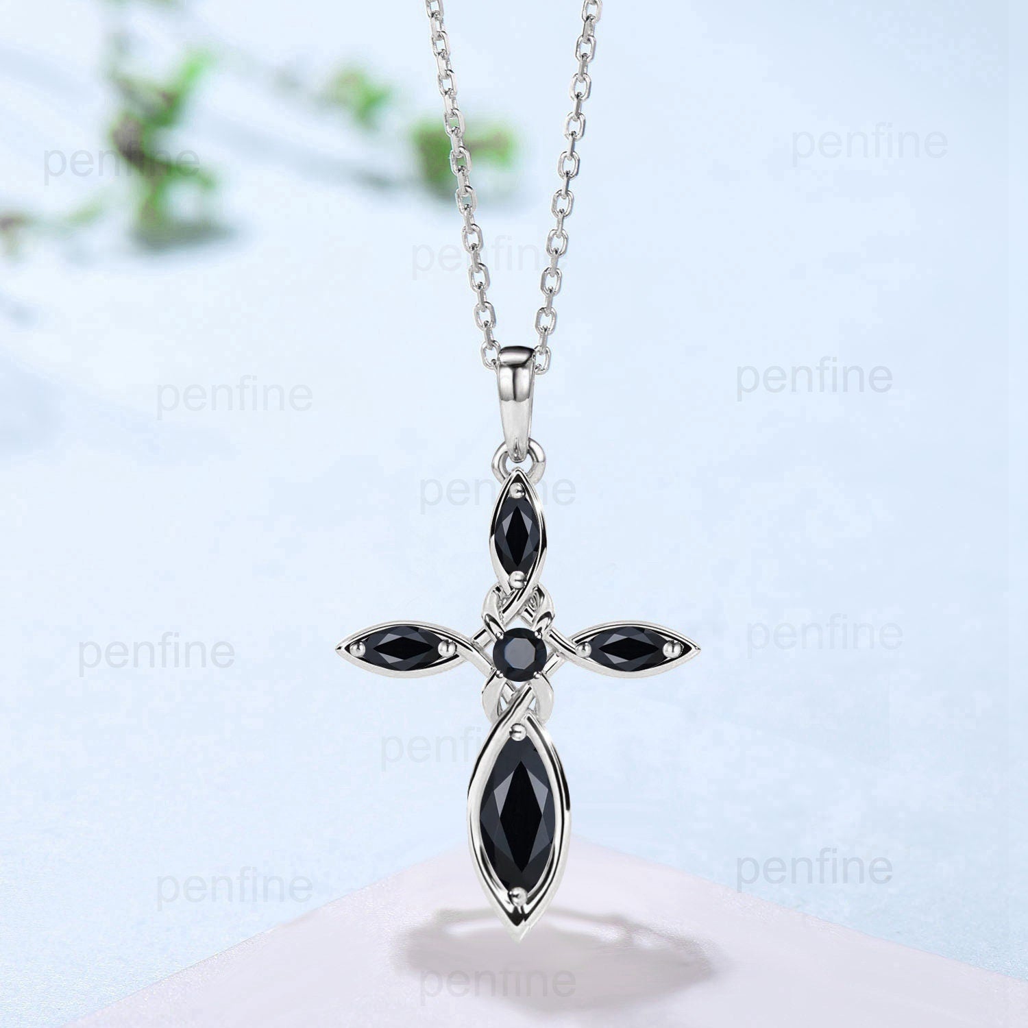 Norse Viking cross black spinel necklace Silver rose gold minimalist Personalized marquise onyx pendant women Celtic Jewelry Cross Necklace - PENFINE