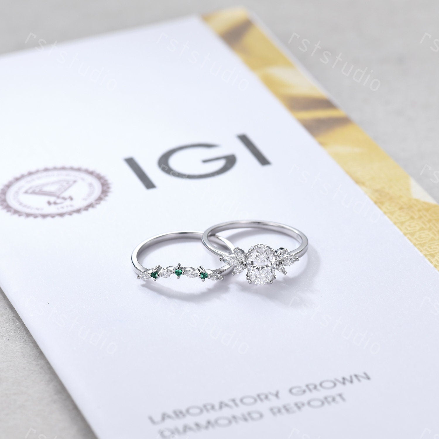 Vintage Oval Lab Grown Diamond Engagement Ring Set: 14k White Gold Emerald Jewelry