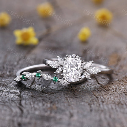 Vintage Oval Lab Grown Diamond Engagement Ring Set: 14k White Gold Emerald Jewelry